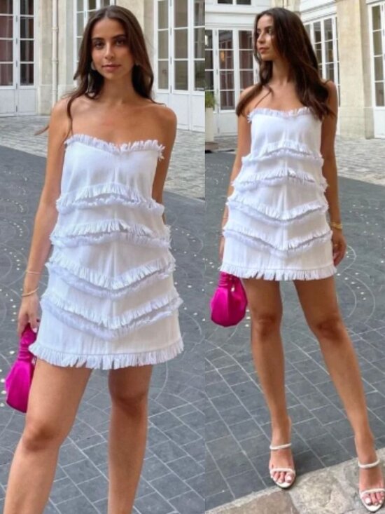 Alexis Dresses & Skirts - Alexis Fione Dress White Raffia Fringe Strapless‎ Mini Size L